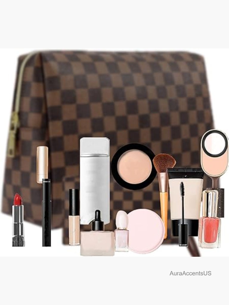 Checkered Makeup Bag Set 2 Pack Travel Cosmetic Organizer Pu Leather
